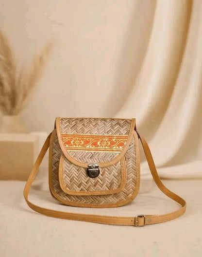 Women Stylish Bamboo Sling Bag with Leather Strap | Handwoven Crossbody Bag for Girls