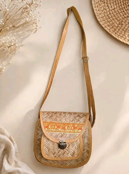 Women Stylish Bamboo Sling Bag with Leather Strap | Handwoven Crossbody Bag for Girls
