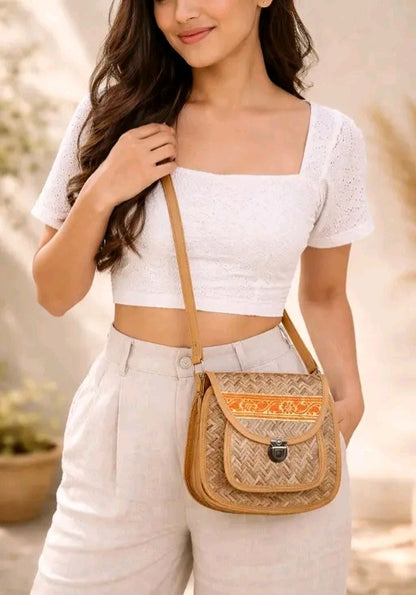 Women Stylish Bamboo Sling Bag with Leather Strap | Handwoven Crossbody Bag for Girls
