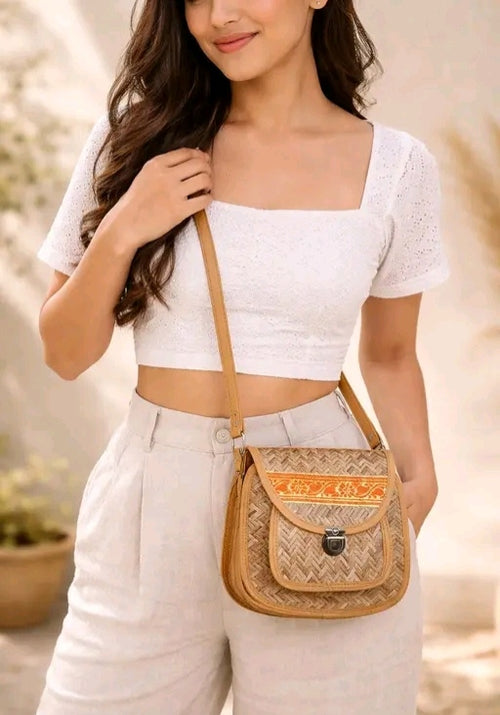 Women Stylish Bamboo Sling Bag with Leather Strap | Handwoven Crossbody Bag for Girls