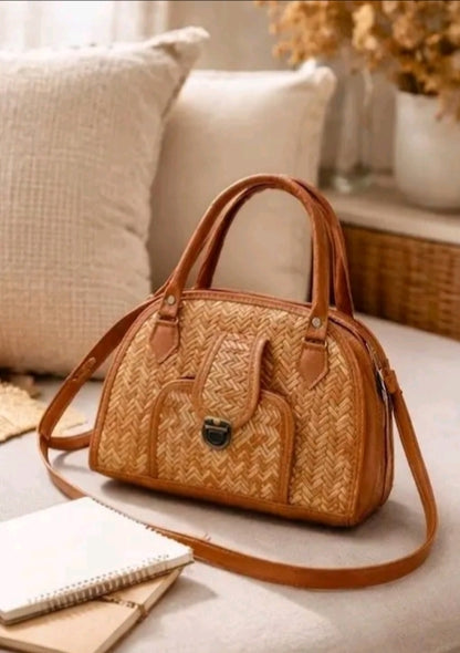 Stylish Jute Fabric Handbag with Leather Straps | Eco-Friendly and Trendy Crossbody Bag for Women