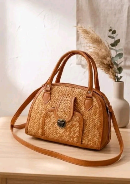 Stylish Jute Fabric Handbag with Leather Straps | Eco-Friendly and Trendy Crossbody Bag for Women