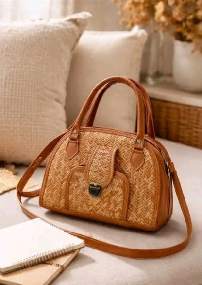 Stylish Jute Fabric Handbag with Leather Straps | Eco-Friendly and Trendy Crossbody Bag for Women