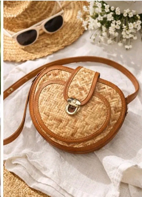 Women Round Woven Straw Sling Bag | Boho Crossbody Bag with Flap Lock | Tan Trim Casual & Beach Use