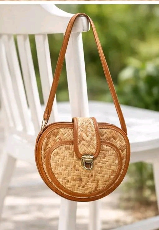 Women Round Woven Straw Sling Bag | Boho Crossbody Bag with Flap Lock | Tan Trim Casual & Beach Use