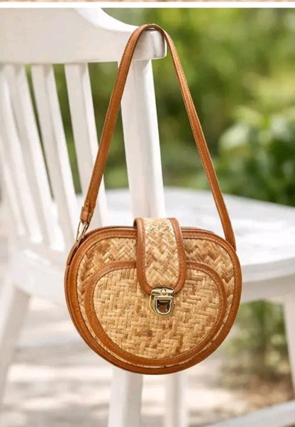Women Round Woven Straw Sling Bag | Boho Crossbody Bag with Flap Lock | Tan Trim Casual & Beach Use